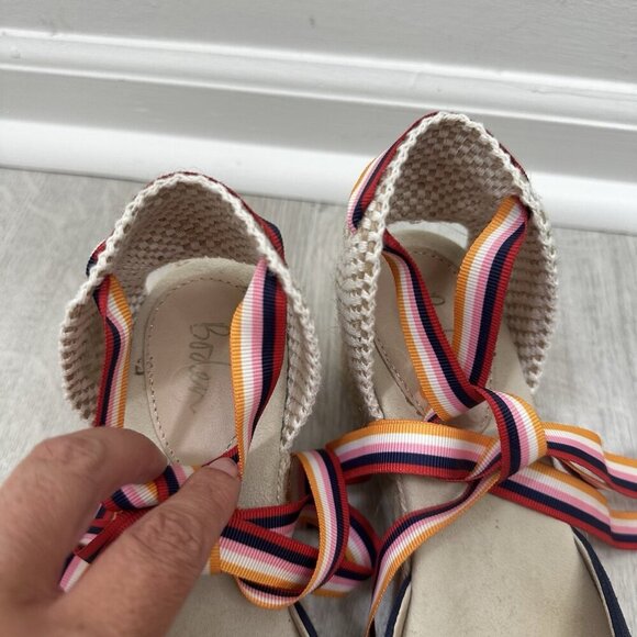 BODEN Cassie Navy Suede Wedge Espadrille Sandals Sz 38 Multistripe Ribbons Boho - Picture 6 of 10